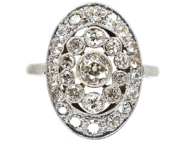 Art Deco French Platinum & Diamond Oval Cluster Ring