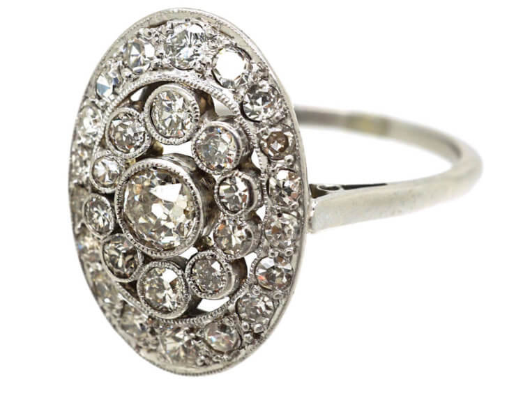Art Deco French Platinum & Diamond Oval Cluster Ring
