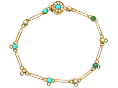 Edwardian 15ct Gold Turquoise & Natural Split Pearl Bracelet for Charms