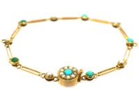 Edwardian 15ct Gold Turquoise & Natural Split Pearl Bracelet for Charms