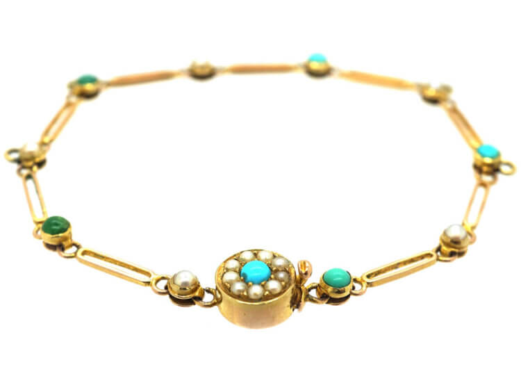 Edwardian 15ct Gold Turquoise & Natural Split Pearl Bracelet for Charms