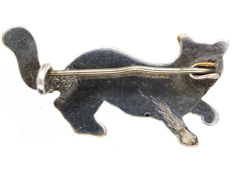 Art Deco Silver & Black Enamel Lucky Cat Brooch