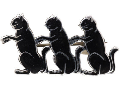 Art Deco Silver & Black Enamel Three Cats Brooch