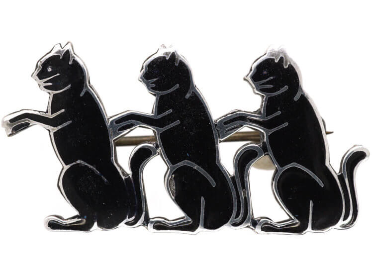 Art Deco Silver & Black Enamel Three Cats Brooch