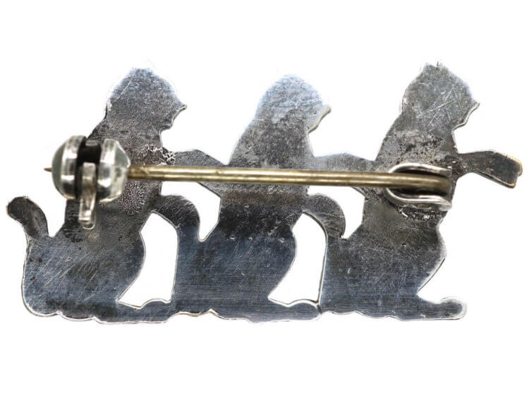 Art Deco Silver & Black Enamel Three Cats Brooch