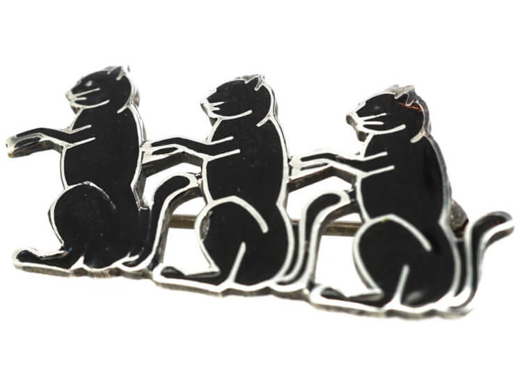 Art Deco Silver & Black Enamel Three Cats Brooch