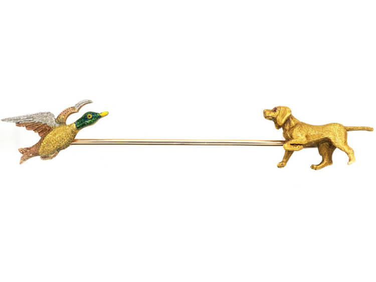 Edwardian 15ct Gold, Platinum & Enamel Shooting Brooch of a Gun Dog & Duck