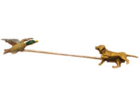 Edwardian 15ct Gold, Platinum & Enamel Shooting Brooch of a Gun Dog & Duck