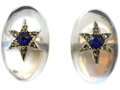 Edwardian Cabochon Moonstone , Sapphire & Rose Diamond Earrings