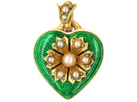 Edwardian 15ct Gold, Enamel & Natural Split Pearl Heart Pendant with Locket Back