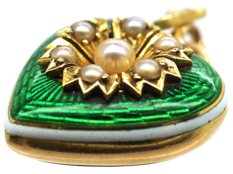Edwardian 15ct Gold, Enamel & Natural Split Pearl Heart Pendant with Locket Back