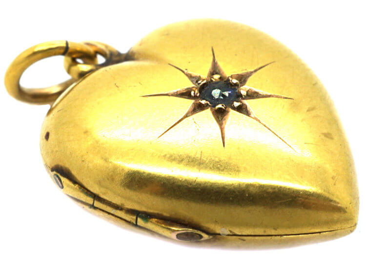 Edwardian 15ct Gold Heart Locket set with a Sapphire
