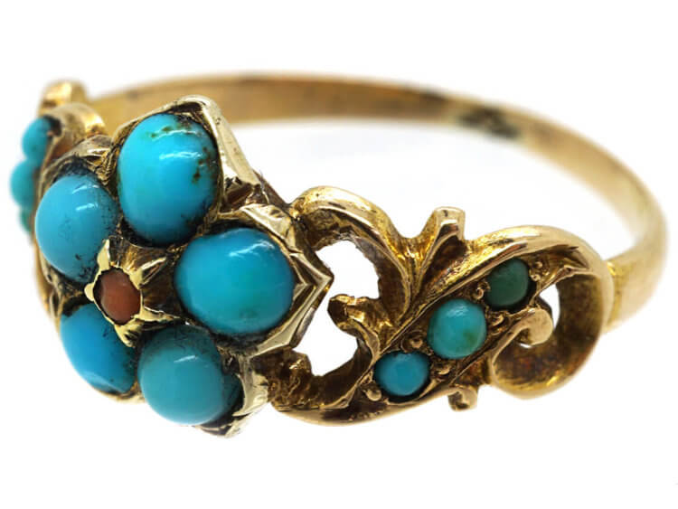 Regency 15ct Gold, Coral & Turquoise Forget me Not Ring