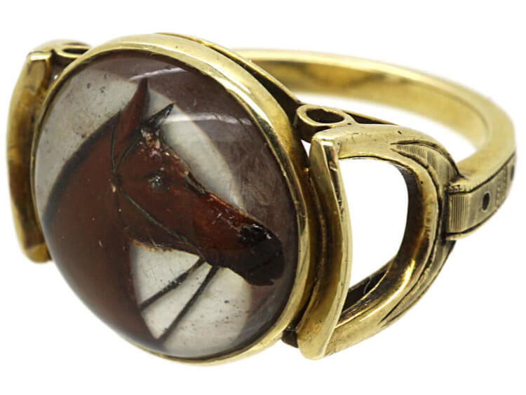 Art Deco 14ct Gold Reverse Intaglio Rock Crystal of a Horse's Head Ring