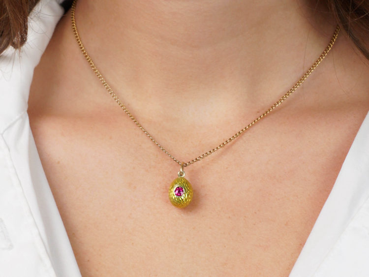 Edwardian Ruby & Yellow Enamel Egg Pendant