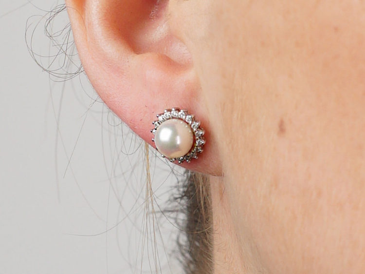 14ct White Gold, Pearl & Diamond Cluster Earrings