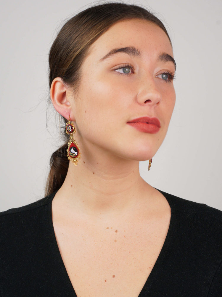Regency 18ct Gold Micro Mosaic Earrings of Birds & Butterflies