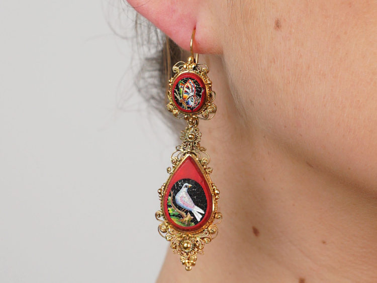 Regency 18ct Gold Micro Mosaic Earrings of Birds & Butterflies