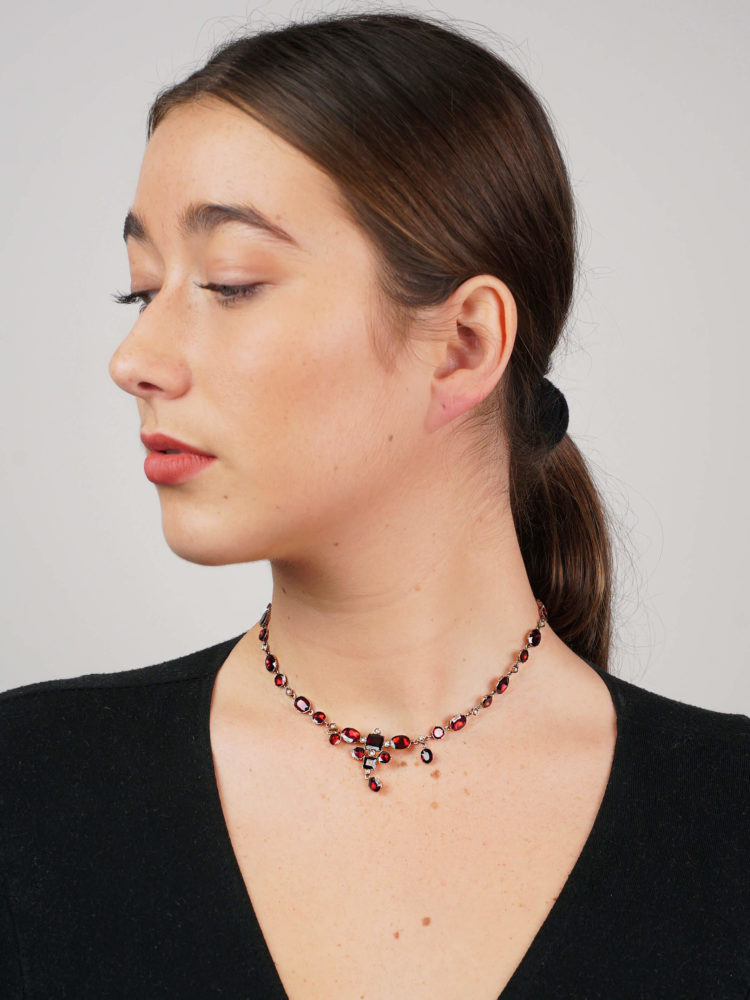 Edwardian Flat Cut Almandine Garnet, Pearl ​& Gold Necklace in Original Case