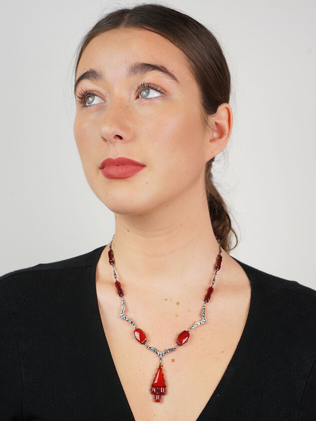 Art Deco Silver, Carnelian & Marcasite Necklace