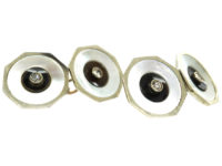 Art Deco 18ct White Gold Octagonal Shaped Cufflinks with Onyx, Mother of Pearl & Diamonds