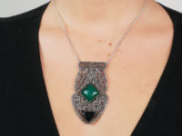 Large Art Deco Silver, Onyx, Chalcedony & Marcasite Pendant on a Silver Chain