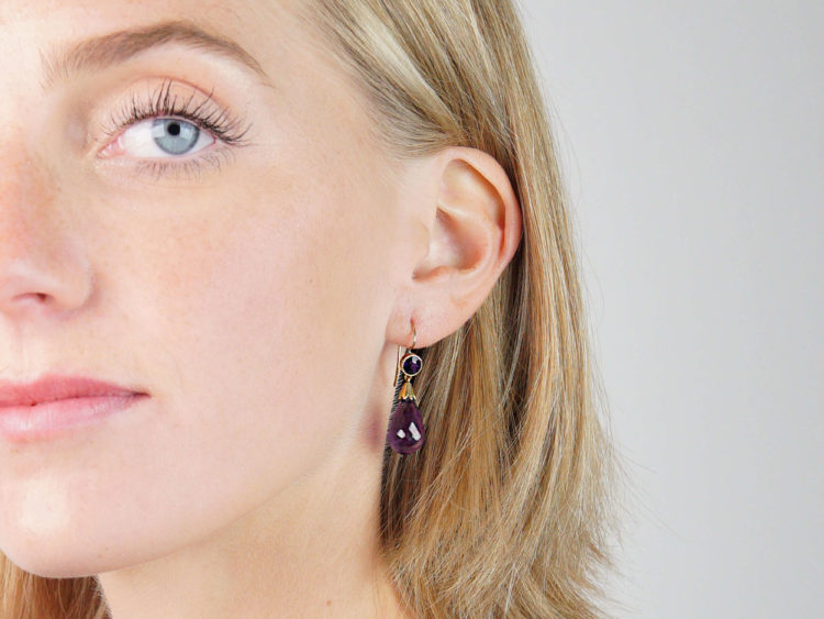 Edwardian 15ct Gold & Amethyst Pear Shaped Drop Earrings