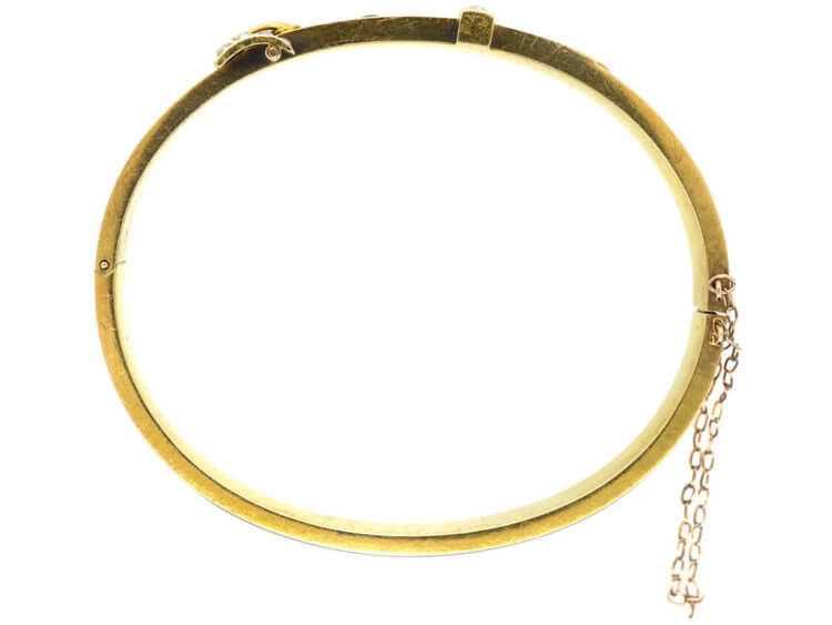Edwardian 15ct Gold Buckle Bangle set with Diamonds & Natural Split Pearls