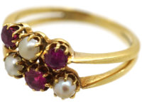 Edwardian 18ct Gold Two Row Ruby & Natural Pearl Ring