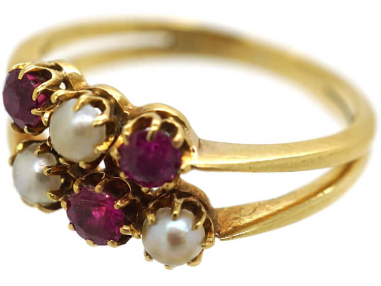 Edwardian 18ct Gold Two Row Ruby & Natural Pearl Ring
