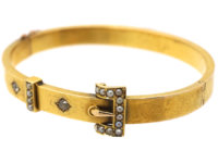 Edwardian 15ct Gold Buckle Bangle set with Diamonds & Natural Split Pearls