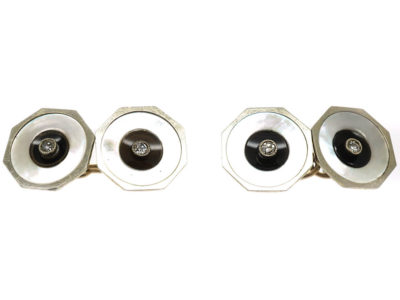 Art Deco 18ct White Gold Octagonal Shaped Cufflinks with Onyx, Mother of Pearl & Diamonds
