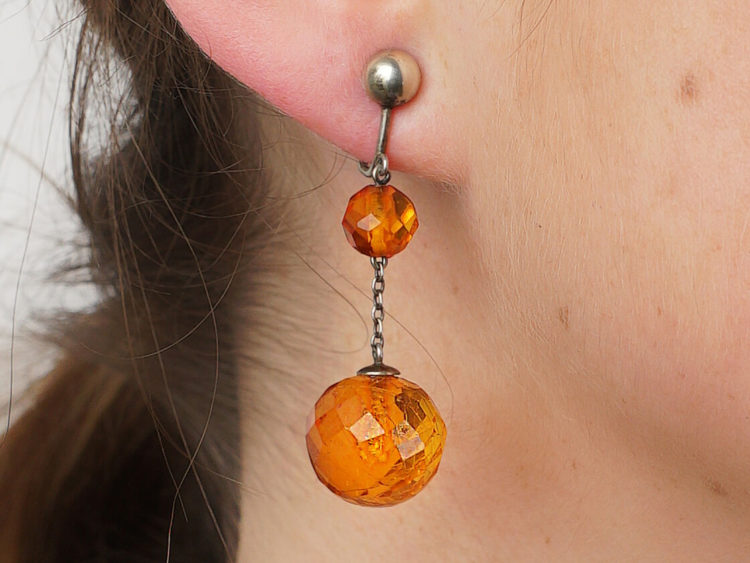 Edwardian Silver & Faceted Amber Drop Earrings