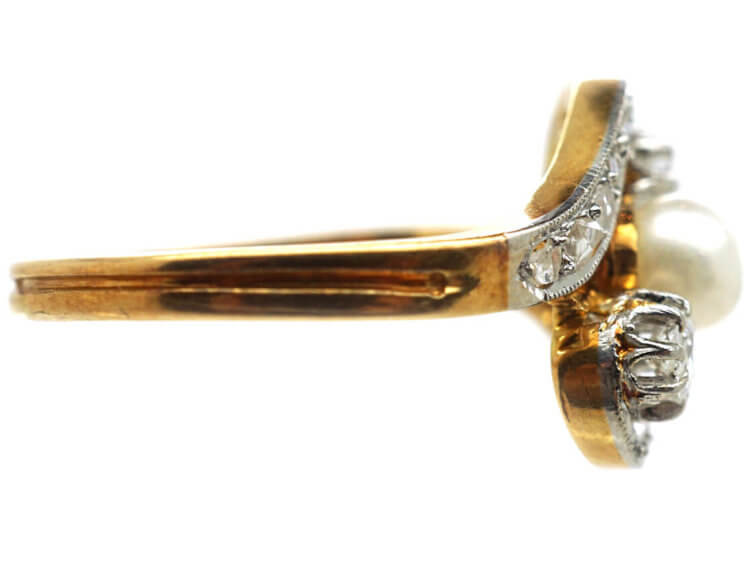 Art Nouveau 18ct Gold & Platinum, Diamond & Natural Pearl Crossover Ring