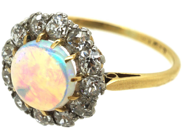Edwardian 18ct Gold and Platinum, Opal & Diamond Cluster Ring