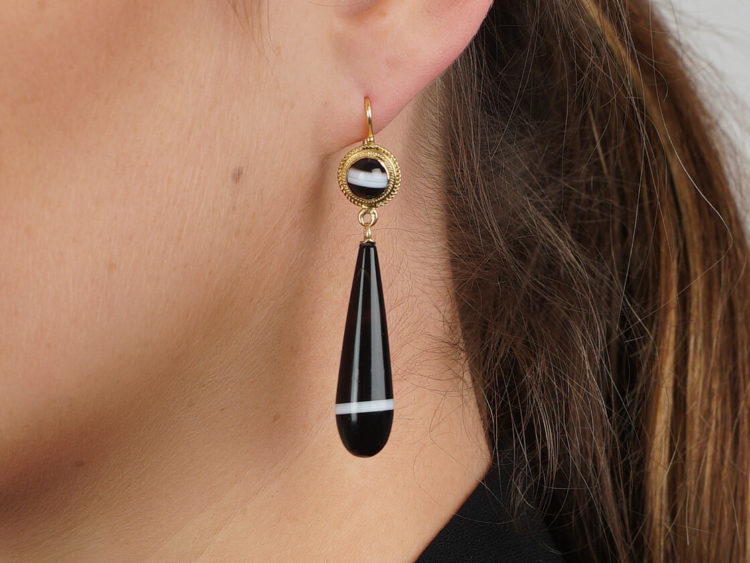 Victorian 15ct Gold & Banded Sardonyx Drop Earrings