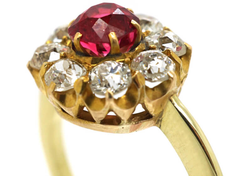Victorian 18ct Gold, Diamond and Pink Spinel Cluster Ring