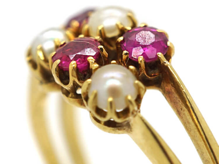 Edwardian 18ct Gold Two Row Ruby & Natural Pearl Ring