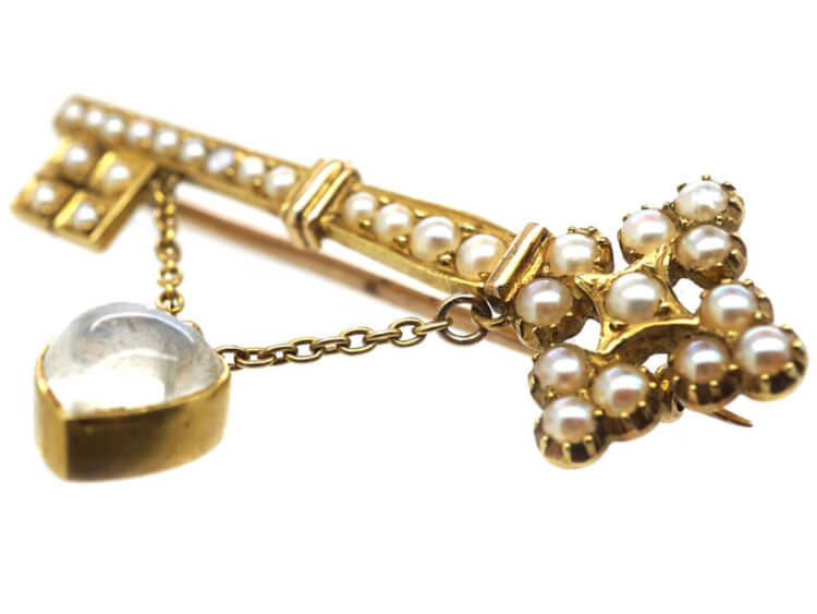 Edwardian Key to the Door 15ct Gold Brooch set with Natural Split Pearls with a Moonstone Heart Shaped Drop