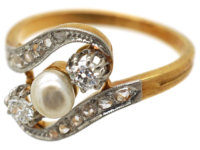 Art Nouveau 18ct Gold & Platinum, Diamond & Natural Pearl Crossover Ring