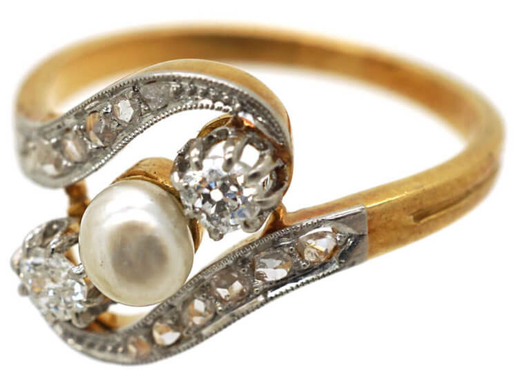 Art Nouveau 18ct Gold & Platinum, Diamond & Natural Pearl Crossover Ring