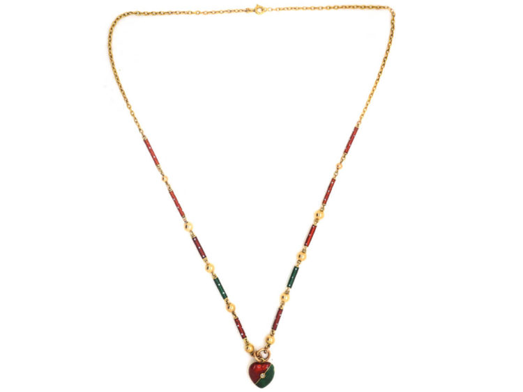 Edwardian 15ct Gold, Green & Red Enamel Heart Locket set with a Diamond on matching 15ct Gold Green & Red Enamel Chain