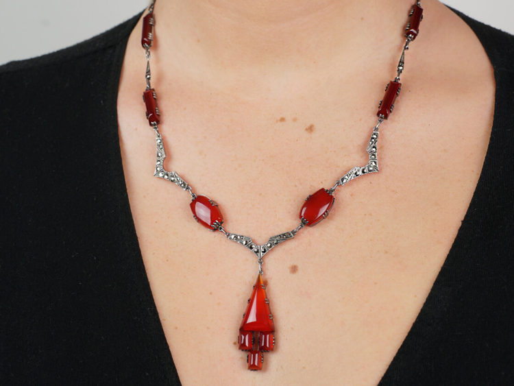Art Deco Silver, Carnelian & Marcasite Necklace