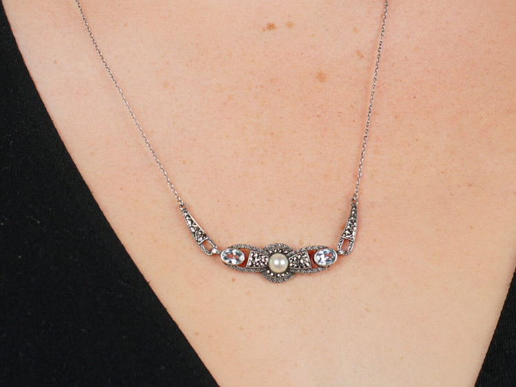 Art Deco Silver Necklace set with Marcasite, Synthetic Blue Spinel & a Pearl