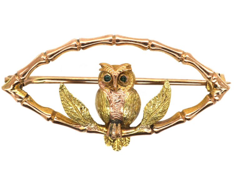 Edwardian 9ct Two Colour Gold Owl Brooch with Emerald Eyes