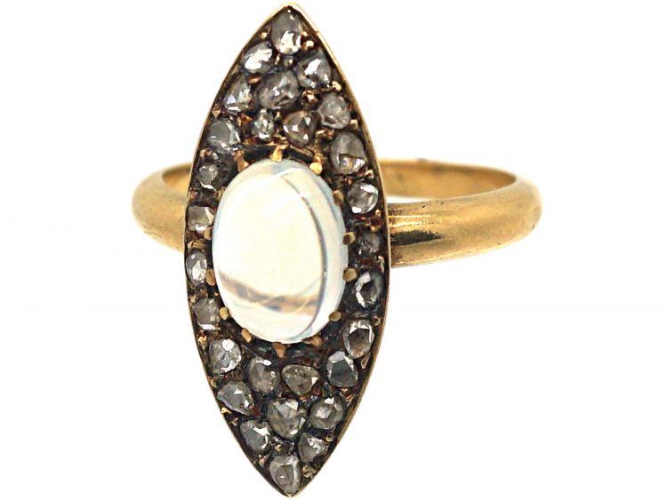 Edwardian 18ct Gold Marquise Shaped Diamond & Moonstone Ring