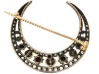 Victorian 15ct Gold Natural Pearl & Rose Diamond Crescent Brooch