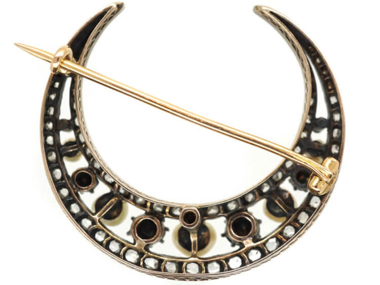 Victorian 15ct Gold Natural Pearl & Rose Diamond Crescent Brooch