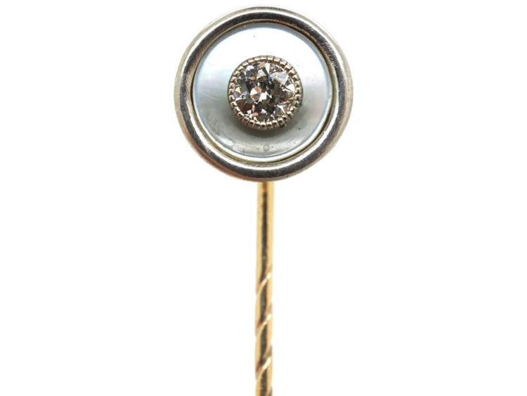 Art Deco 18ct Gold, Platinum & Mother of Pearl Tie Pin set with a Diamond