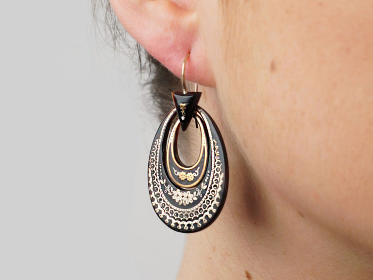 Victorian Tortoiseshell Pique Earrings Inlaid With Silver & Gold